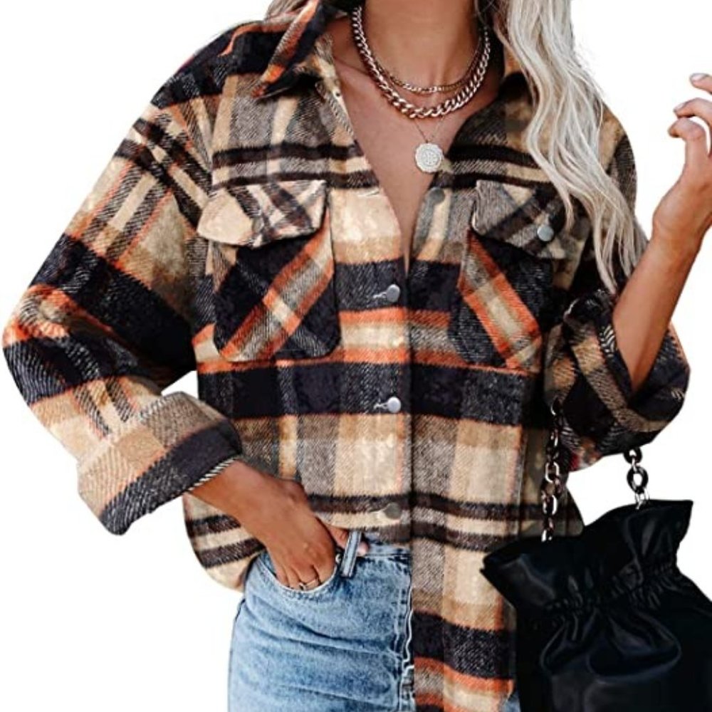 New - Women's Plaid Long Sleeve Button Down Shacket Shirt - Size Small